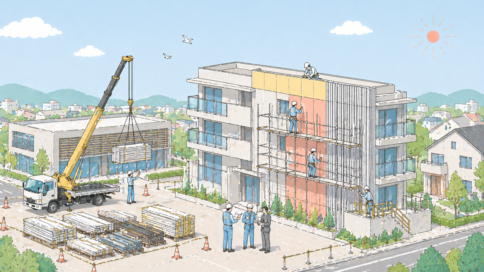 建築金物工事の施工現場イラスト